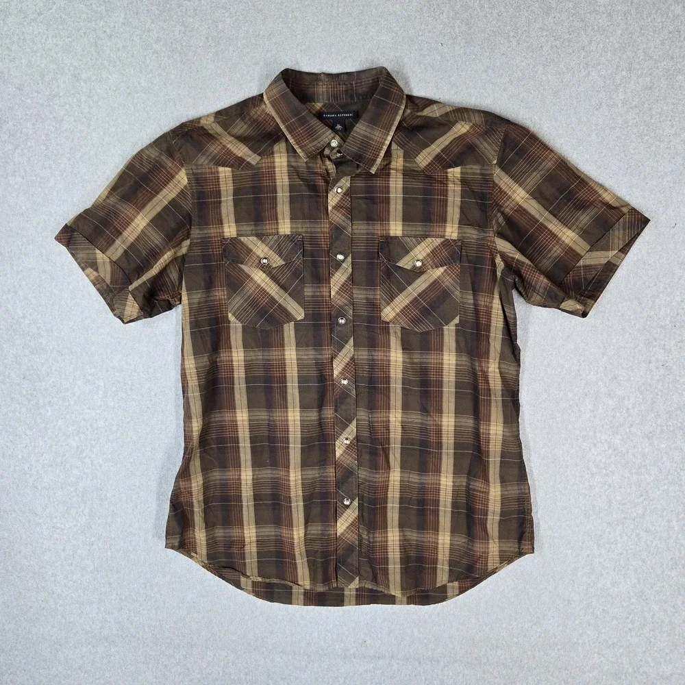 Banana Republic Men Button Up Shirt XL Brown Casual Shirt Plaid Western